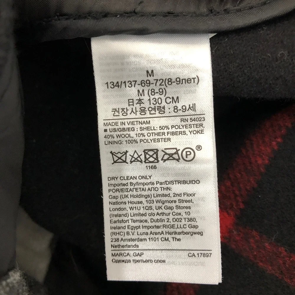 Gap Kids Plaid Wool Blend Shacket Boys Size Medium Black Red Grey Jacket Pockets